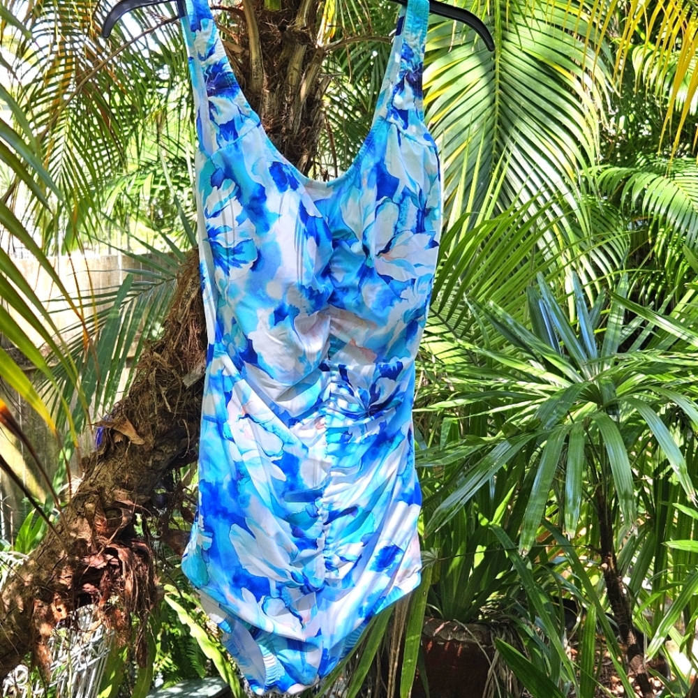 Paradise Bay Womens Shirred Front One Piece Blue Swimsuit Size 16 NWT